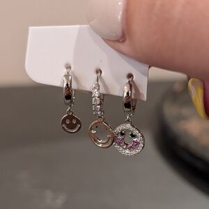 Trio Of Smiley Face Charm Huggie Earrings Set